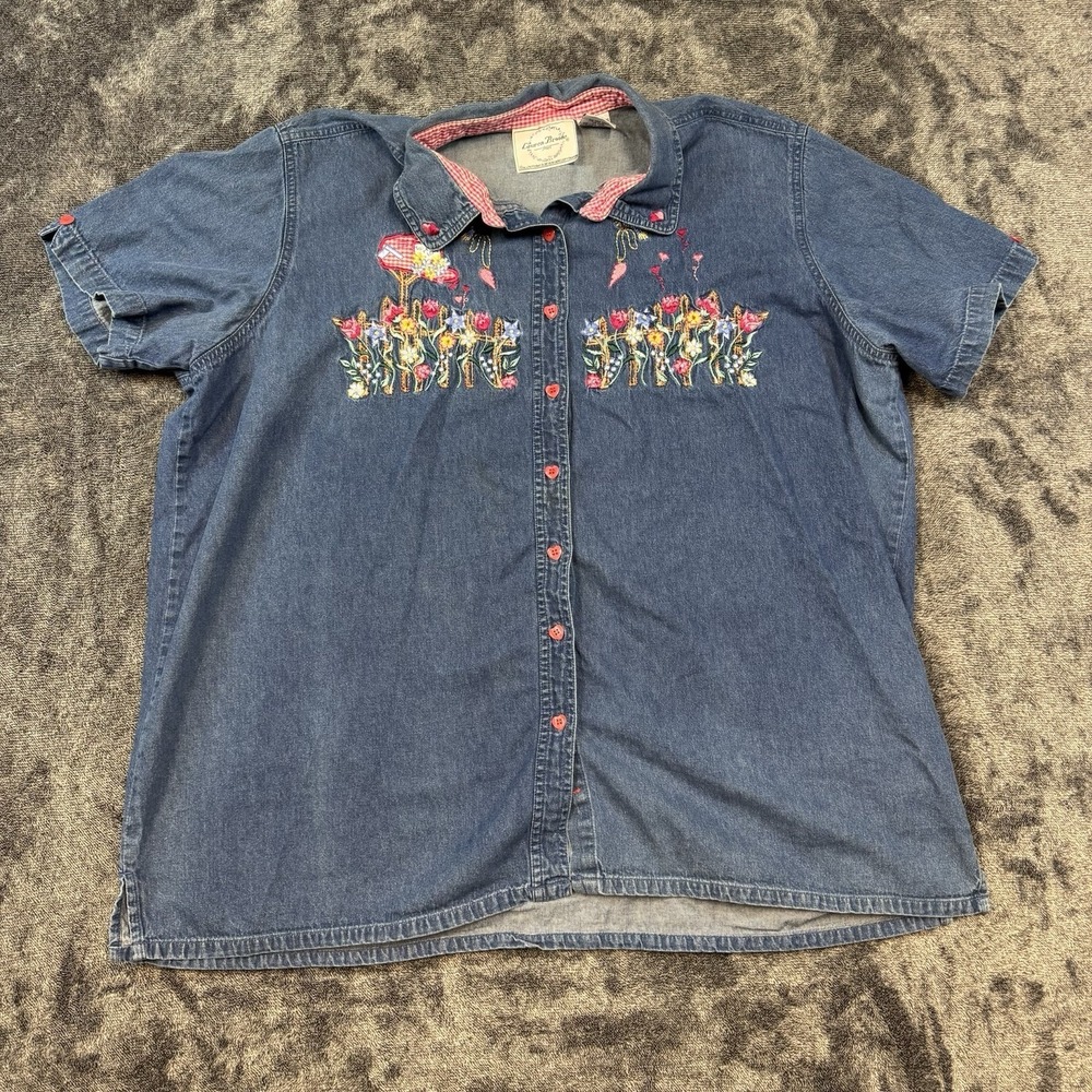 VTG Lauren Brooke Blue Denim Embroidered Flowers & Birds Button Shirt 22W/24W